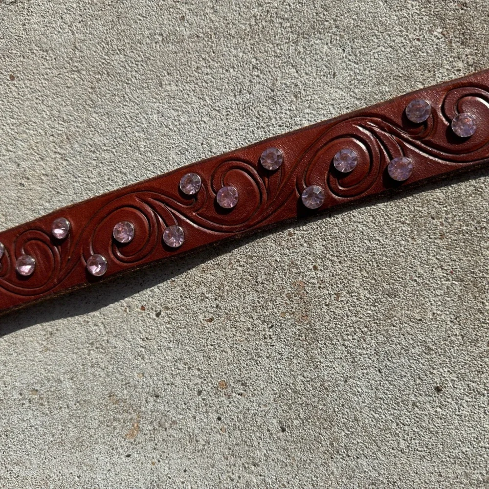 J.W. Jao Saddlery Brown Tooled Leather Belt Pink Rhinestone Floral Buckle